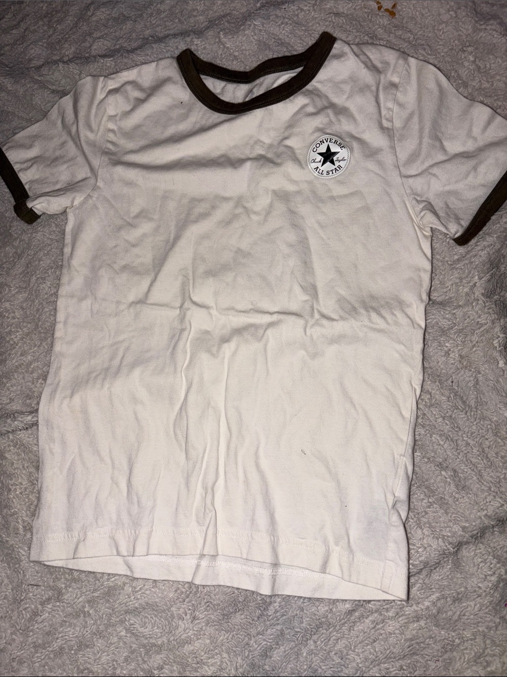 Kids Size M Converse White Short-Sleeve Ringer Tee with Brown Trim